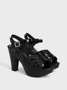Sugerpunk Women's High-Heeled Round Toe Buckle Sandals - Black - View 3