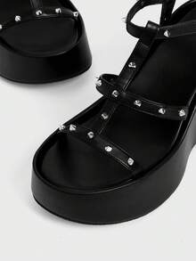 Sugerpunk Women Shose Women's Fashion Platform Wedge Sandals, Spring And Autumn Summer Punk Style Buckle Middle Help Cross Rivet Inlaid Design Open-Toed Sandals, Nightclub Commuting Easy Travel - Black - View 7
