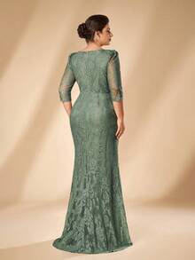 Serin Plus Size Elegant Classy Beaded Rhinestone Patchwork Elastic Lace Sheer Sleeve Ruched Mermaid Skirt Wedding Formal Party Evening Olive Green Fall - Green - View 4