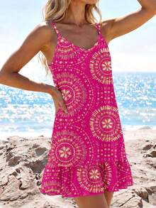 SHEIN LUNE Vestido camisola mini con estampado y volantes en el bajo para mujer - Multicolor - Ver 1