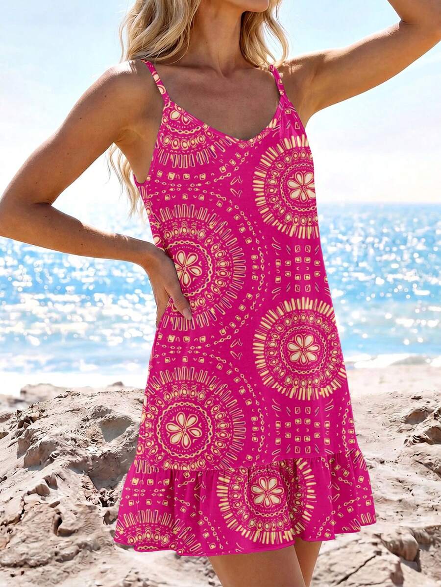 SHEIN LUNE Vestido camisola mini con estampado y volantes en el bajo para mujer - Multicolor - Ver 1