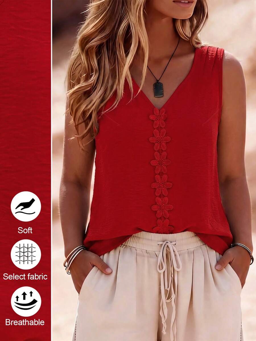 Linhara CURVE Plus Size Casual Vacation Solid Color Applique Decor Tank Top - Red - View 1