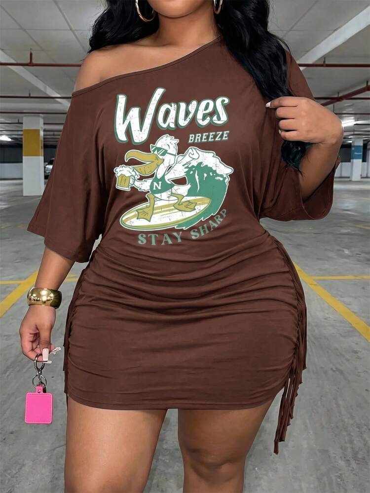 Slaydiva Plus Size Women's Letter Print Asymmetric Neck Batwing Sleeve Ruched Tassel Trim Fitted Fashion Dress Fall - Rust Brown - View 6