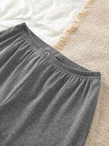 女童灰色麻灰羅紋長袖上衣與長褲睡衣套裝，秋季套頭居家休閒服 - 灰色 - 查看 6