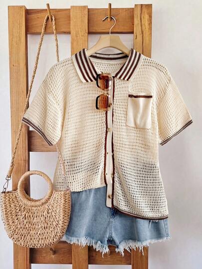 Franclia Plus Size Brown & Apricot Contrast Trim Perforated Lapel Chest Pocket Cardigan Sweater, Casual Minimalist Daily Vacation Date Work Summer Outerwear