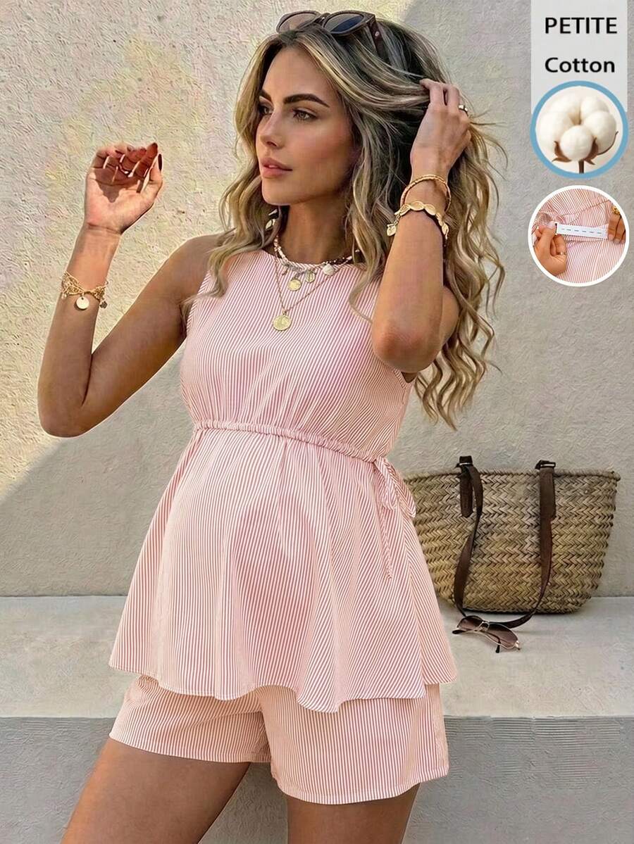 SHEIN 孕婦條紋百褶上衣與可調節短褲休閒日常兩件套 - 粉色 - 查看 1