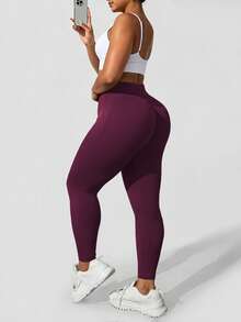 SHEIN Sports Seamless Plus Size Women's Solid Color High Waist Athletic Alternative Tropical Tropical Leggings Gym Sports Burgundy Summer Gym Gym Gym - Burgundy - View 3