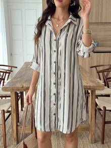SHEIN LUNE Women's New Autumn Beige Base Asymmetrical Black Vertical Striped Shirt, Turn-Down Collar, Button-Up, Roll-Up Sleeves, Loose Long Over-The-Knee Shirt Dress - Multicolor - View 3