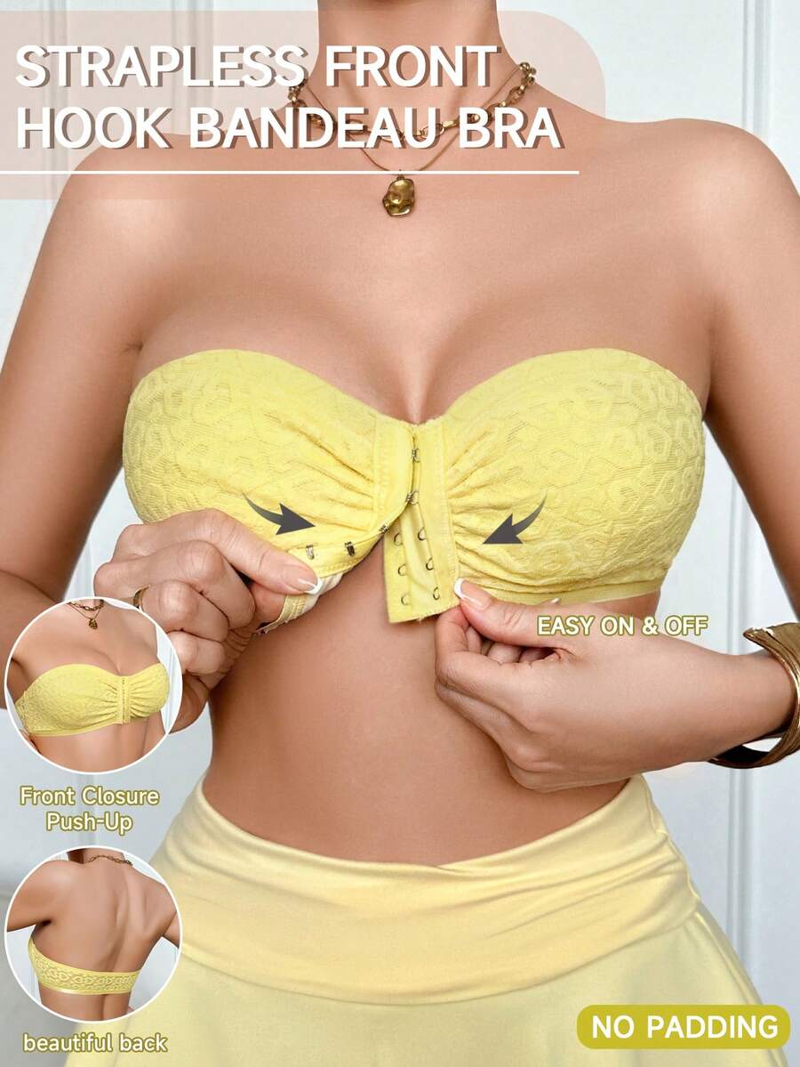 SHEIN 女款前扣式抓皺無肩帶胸罩,適合日常穿著 - 黃色 - 查看 1