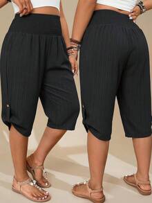 Comfylo Plus-Size Women'S Summer Women'S Casual Drawstring Waist 7-Point Pantsbermuda Shorts, High Black Waist In Summer Slimming Versatile Pants Vacation - Black - View 7
