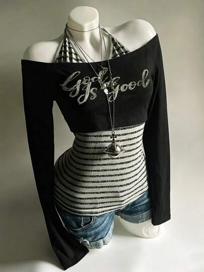 IslaSuriya Conjunto de 2 piezas Y2K Hot Girl, top corto de manga larga con cuello halter y estampado de letras estilo vintage americano + camisola de tirantes finos a rayas para capas