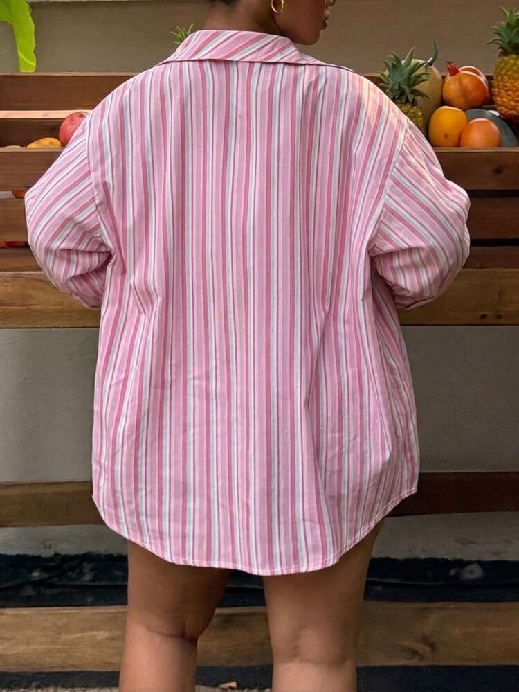 Muchica Plus Size Women's Striped Single-Breasted Casual Daily Wear Shirt - Pink - View 2