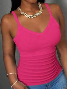 Slaydiva 2026 Primavera/Verano Nueva Llegada Casual Básico Versátil Blanco Sólido Acanalado Cuello en V Espalda de Corredor Fruncido - Rosa Fucsia - Ver 7