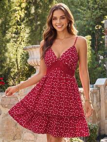 KARISMINA Women's Red Floral Heart Print Lace Trim V-Neck Spaghetti Strap Ruffle Mini Dress For Vacation Casual Romantic Boho Beach Outfits Summer - Red - View 5