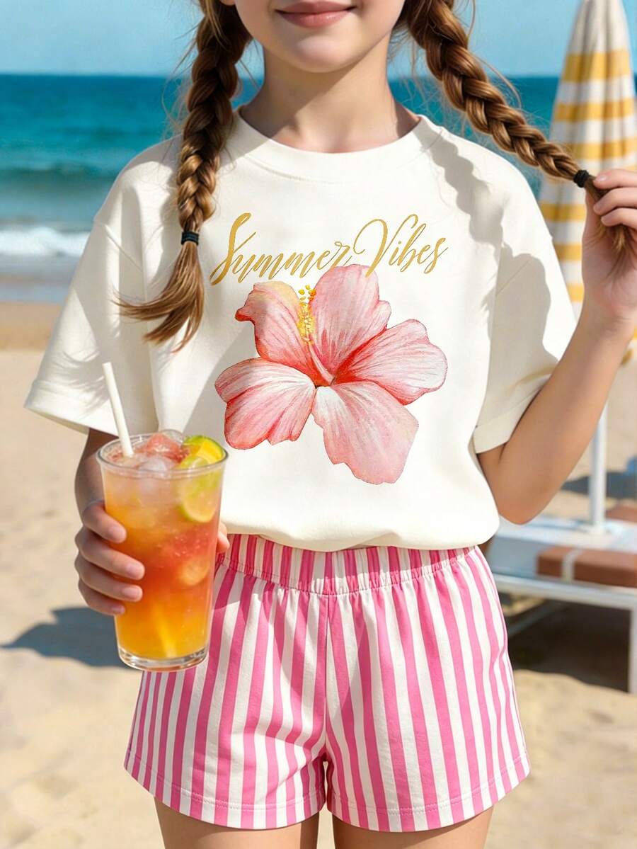 Tween Girl Pink And White Summer Casual Vacation Holiday Fashionable Floral & Vertical Striped Graphic Letter Print T-Shirt And Shorts Set - Multicolor - View 1