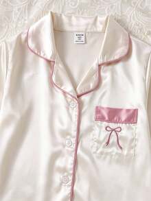 女童淺粉色緞面純色刺繡荷葉袖長袖居家服褲裝兩件套，春秋款 - 粉色 - 查看 3