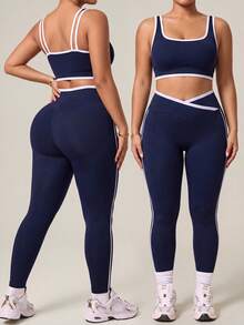 SHEIN Rhythm Era 大码女式撞色滚边圆领无缝弹力运动文胸和重叠腰部紧身裤套装 - 藏蓝色 - 查看 1