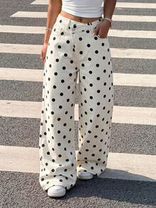 SHEIN Tween Girl Polka Dot Kids Print Asymmetrical Waist Loose Fit Denim Jeans - Multicolor - View 4
