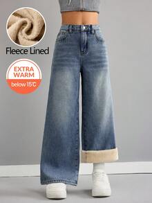 SHEIN Tween Girl Casual Versatile Kids Daily Wear Denim Jeans With Pockets And Buttons Autumn Winter - Medium Wash - View 1