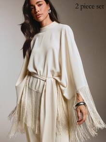 COSMINA Women's Casual Elegant Tassel Patchwork Shirt And Pants Set For Occasions - White - View 1
