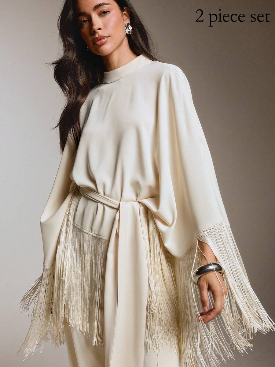 COSMINA Women's Casual Elegant Tassel Patchwork Shirt And Pants Set For Occasions - White - View 1