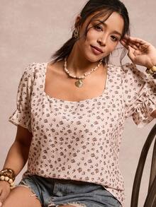 SHEIN VCAY 大码女式夏季沙滩度假碎花方领荷叶边短袖宽松衬衫 - 杏色 - 查看 7