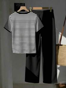 SHEIN EZwear 女款字母條紋拼色印花圓領短袖T恤與抽繩腰口袋長褲兩件套 - 彩色 - 查看 2