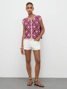 Maija Women's Summer Handmade Crochet Single-Breasted Knit Top Vacation Magenta Retro Casual - Pink - View 9