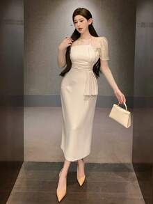 DAZY Gaun Pesta Teh Musim Panas Elegan Warna Beige untuk Wanita, Panjang Sedang, Gaun Tamu Pernikahan dengan Patchwork Jaring & Lengan Puff Berkerut, Gaun Prom Tanpa Bahu - Krem - View 4
