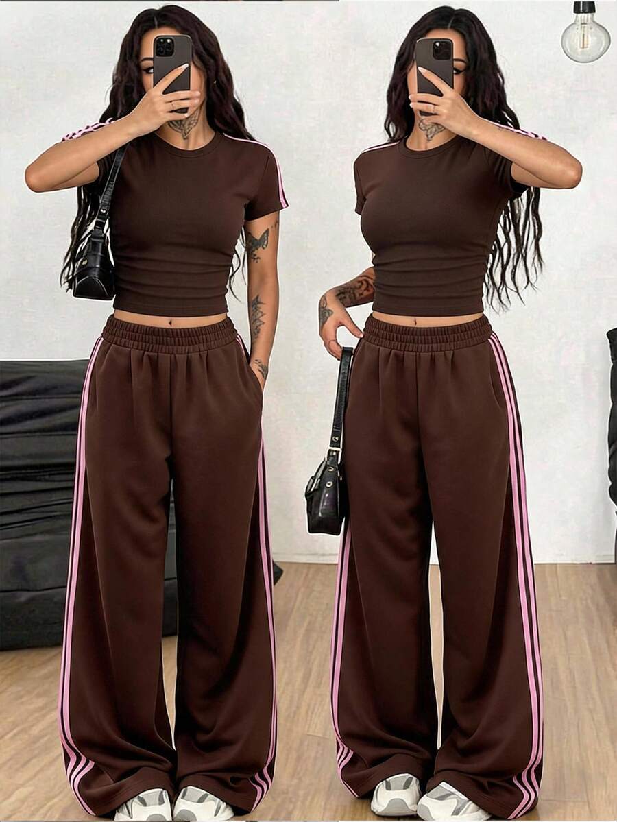 Tween Girl Casual Daily Knitted Fitted Top With Ribbon Detail And Straight Leg Pants With Ribbon Detail - Brown - View 1
