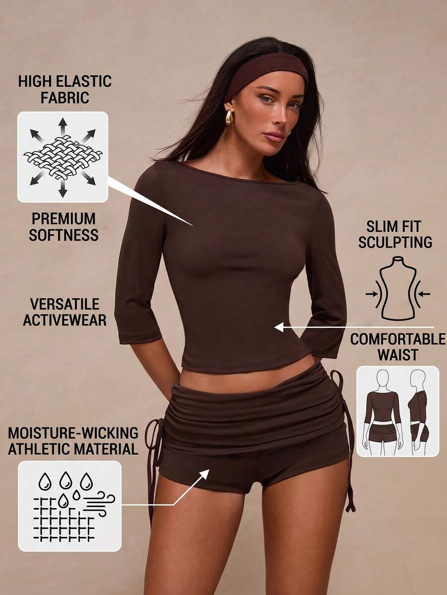 Glamine Women's Solid Chocolate Brown Ribbed Knit Two Piece Outfit, Minimal Y2K Off Shoulder Top With Double Side Drawstring Ruched Shorts Graduation Season.