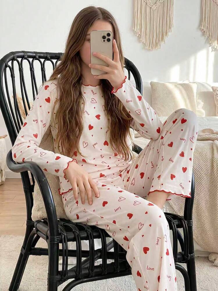 Girls Big Tween Girl Love Letter & Small Heart Print Contrast Color Ruffle Trim Pullover Long Sleeve & Long Pants Pajama Set Loungewear - Navy Blue - View 8