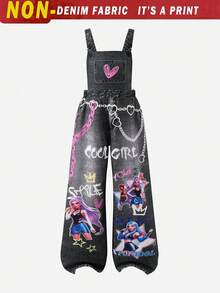SHEIN 青少年女孩街頭風酷時尚印花星星圖案吊帶褲，適合返校季，春夏季秋季日常穿著個性服飾，女團風格圖案 - 黑色 - 查看 3