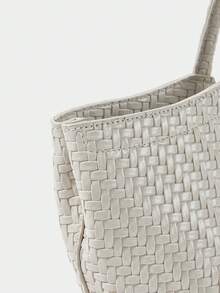 SHECARRY Women's Fashion Beige Tote Bag, Exquisite Simple Handbag, Retro Woven PU Large-Capacity Shoulder Bag, For Commuting, Vacation, Daily, Shopping - Beige - View 5