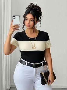 GlowEve CURVE Plus Size Women's Casual Fitted Short Sleeve Contrast Color Patchwork Ribbed T-Shirt, Black And Apricot Top, Spring Summer Top, Beach, Elegant Party Top, Casual Top, Wedding Guest Top, Vacation, Graduation Top, Birthday Top, Summer Holiday, Office Commuter Wear, Country Style - Black - View 3