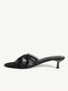CUCCOO CHICEST Sandal Wanita Musim Panas Terbaru dengan Tali Hitam dan Pinggiran Renda, Hak Tinggi, Ujung Bulat, Hak Sedang, dan Ujung Terbuka, Cocok untuk Penggunaan Sehari-hari yang Serbaguna dan Nyaman. - Simulasi sutra hitam 1 # - View 6