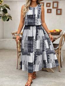 EMERY ROSE Plus Size Women's All-Over Print Casual Daily Summer Dress - Black - View 4