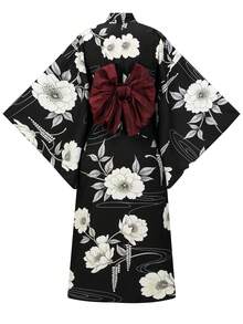 Irokai 日式傳統夏季女款兩件式和服浴衣 花卉印花（不含腰帶） - 黑色 - 查看 2