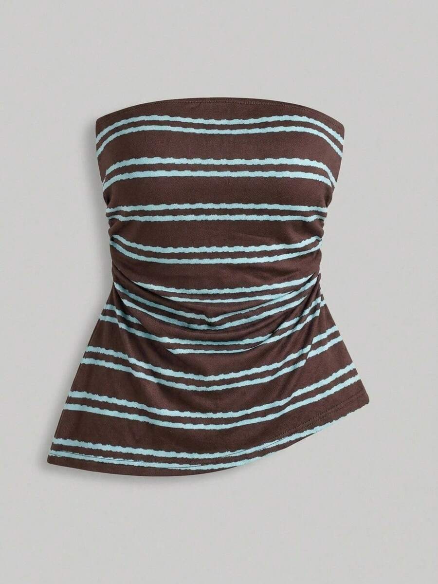 Comfortcana Áo quây nữ kẻ sọc phối màu phong cách thường ngày đa năng cho đi chơi - màu nâu - Xem 1