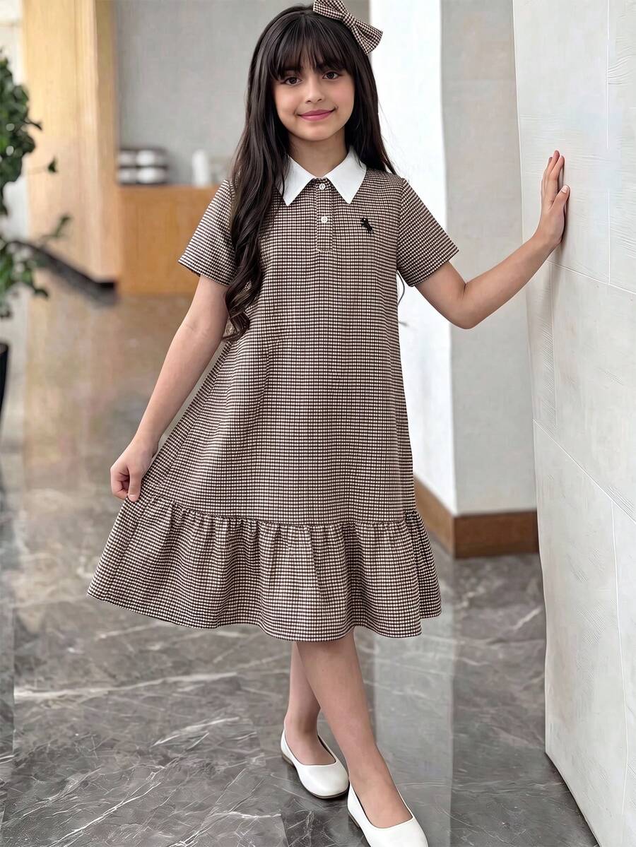 SHEIN Kids Tween Girl Casual Colorblock Polo Collar Fitted Loose Half-Open Front Patchwork A-Line Ruffle Hem Exquisite Small Logo Embroidered Brown Woven Plaid Dress Blue Back To School Khaki - Brown - View 1