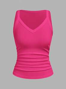 Slaydiva 2026 Primavera/Verano Nueva Llegada Casual Básico Versátil Blanco Sólido Acanalado Cuello en V Espalda de Corredor Fruncido - Rosa Fucsia - Ver 1