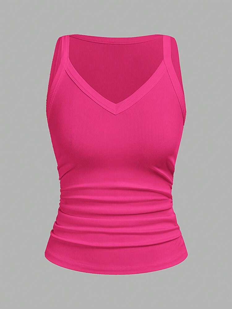 Slaydiva 2026 Spring/Summer New Arrival Casual Basic Versatile Solid White Ribbed V-Neck Racerback Gathe - Hot Pink - View 1