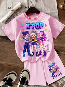 女孩休閒簡約卡通女孩肖像 K-Pop 超級巨星 卡通女團印花圖案 米白色 短袖 T 恤與短褲 2 件套 夏季適用 - 彩色 - 查看 3