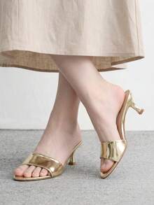 CUCCOO BIZCHIC Summer New Round Toe Mid-Heel Gold One-Piece Women's High-Heeled Sandals Slippers Daily Versatile Simple Commute All-Match Toe Dew Women's Sandals - Iron plate light gold - View 6