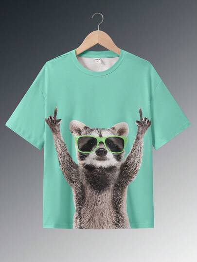 SHEIN Tween Boy Cute Cartoon Animal Print Round Neck Pullover Knit T-Shirt