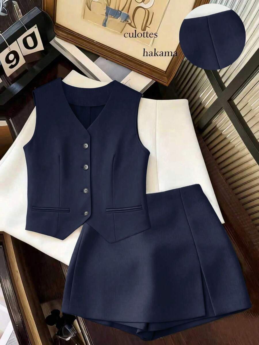 Franclia Women's Solid Color Elegant Office Commute Suit Set - Navy Blue - View 1