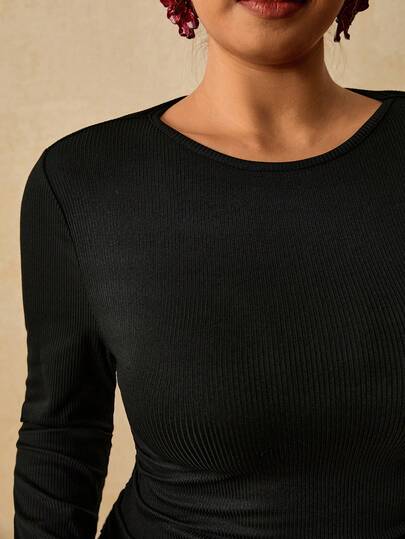 Travachic Camiseta térmica de manga larga con cuello redondo y cintura fruncida para mujer de talla grande, color negro, estilo casual de negocios para otoño