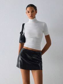 ATUI Studio Women's Textured Faux Leather Low Rise Shorts – Pull On Bottoms, Everyday Essential For Fall, Daily & Work - Black - View 3