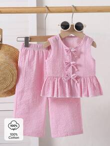 SHEIN Playful Pals 2件套女婴幼儿/新生儿0-3岁春夏休闲甜美日常度假条纹梭织无袖上衣和阔腿裤两件套 - 粉色 - 查看 6