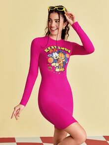 GARFIELD | SHEIN Cartoon Letter Print Split Mini Dress - Hot Pink - View 3